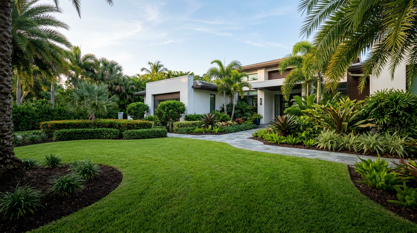 Manicured tropical front yard in South Florida with palms and green lawn